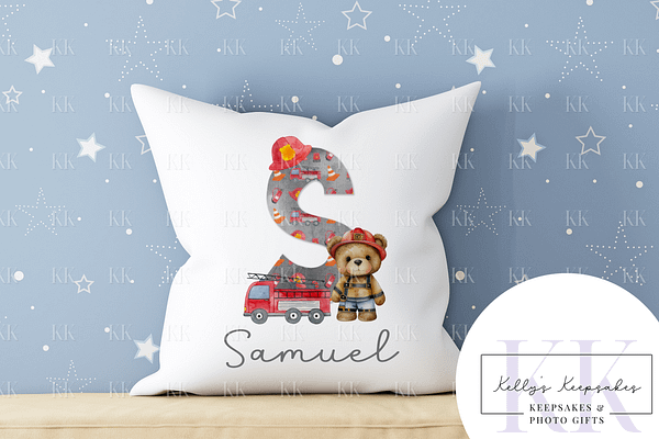 Fire Engine / Fire Fighter Teddy Bear Alphabet Personalised Velvet Cushion