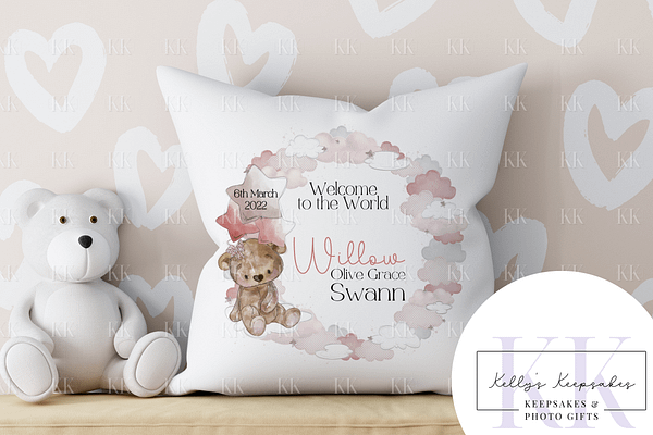 Personalised Welcome to the world Cushion - Teddy Bear Wreath - Cushion - Birth Celebration