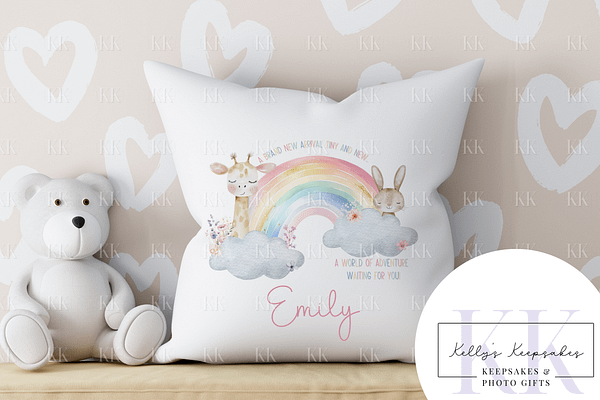 Giraffe and Bunny Rainbow Personalised Velvet Cushion