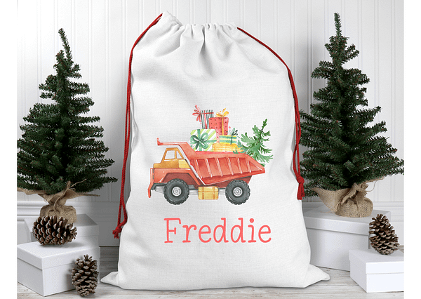 Personalised Construction Vehicles Christmas Sack. Tractor-Lorry-Forklift - Santa Sack