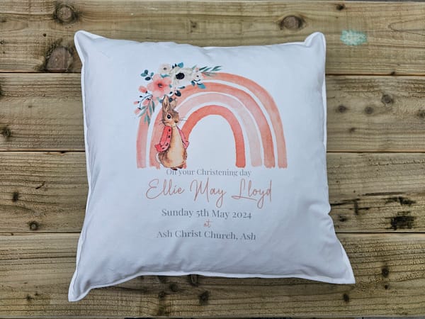 Rabbit velvet christening / birth info cushion