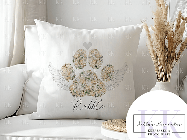 Floral Paw Memorial Velvet Pet Cushion - Gift for Pet Loss