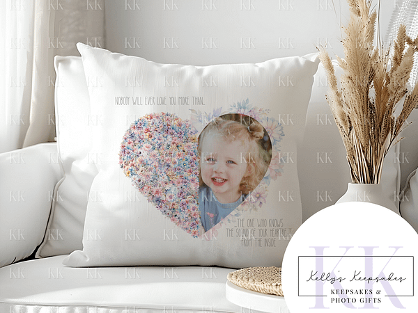 Floral Heart Photo Velvet Cushion - Mother's Day - Birthday Gift