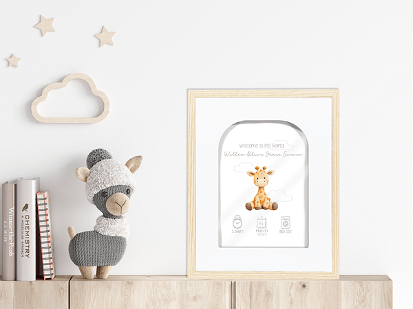 Personalised Animal Birth Announcement placed into a child's bedroom for decor