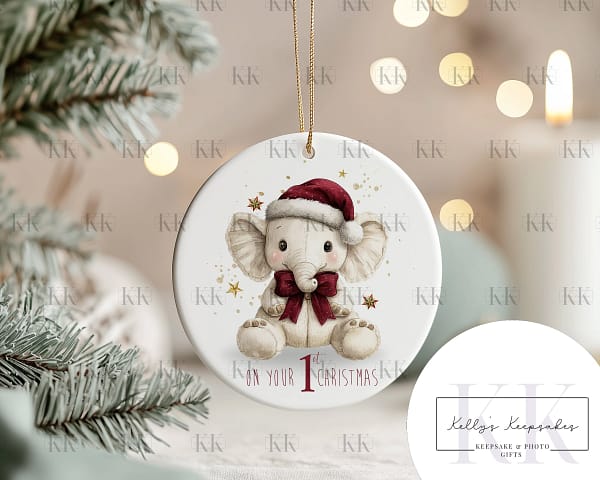 Elephant First Christmas Baby Personalised Ceramic Decoration - Personalised Bauble - Babies First Christmas