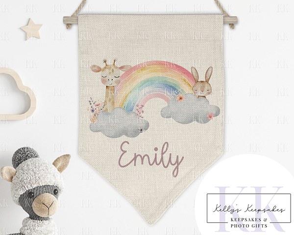 Giraffe and Bunny Rainbow Personalised Bedroom Decoration - Kids Bedroom Decoration - Wall Art - Nursery Decor