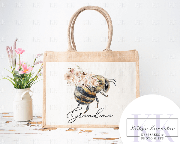 Floral Boho Bee Jute Shopper Bag - Mothers Day - Birthday Gift - For Her