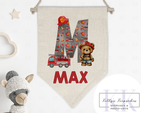 Fire Man Teddy Letter Personalised Bedroom Decoration - Kids Bedroom Decoration - Wall Art - Nursery Decor