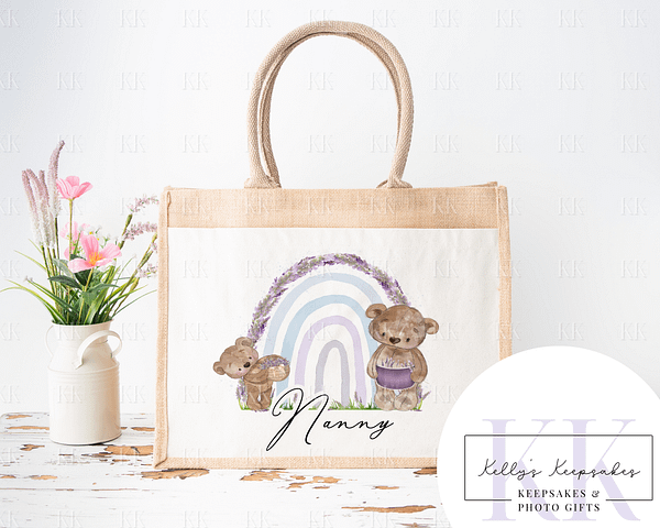 Lavender Teddy Personalised Jute Shopper Bag - Mothers Day - Birthday Gift - For Her