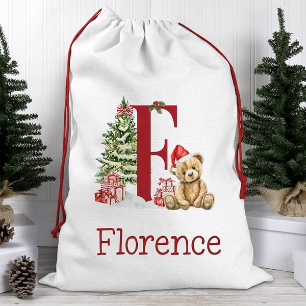 Personalised Letter Red Teddy Bear Christmas Sack - Alphabet Christmas Bear- Santa Sack