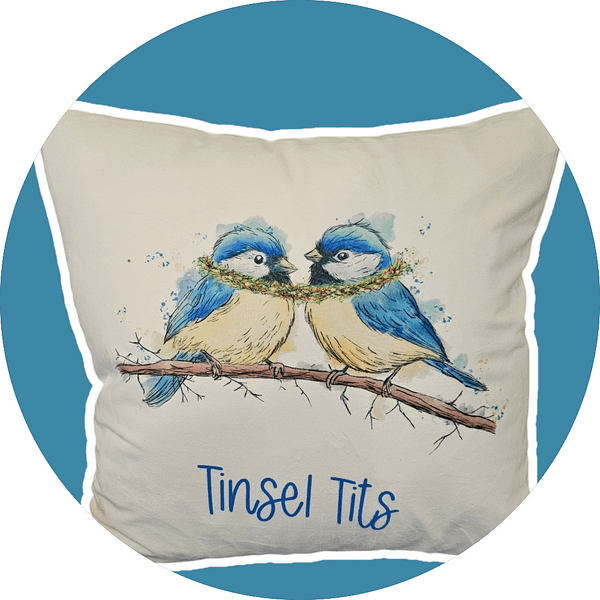 Christmas Tinsel Tit's Cushion - Velvet Christmas Humour - Bird Lovers