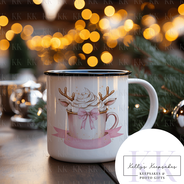 Reindeer Hot Chocolate Enamel Mug - Stocking Filler - Personalised