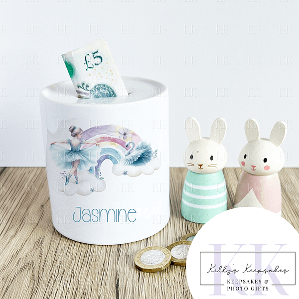 Blue Ballerina Rainbow Personalised Ceramic Money Box