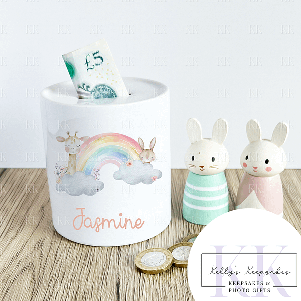 Giraffe and Bunny Rainbow Personalised Ceramic Money Box