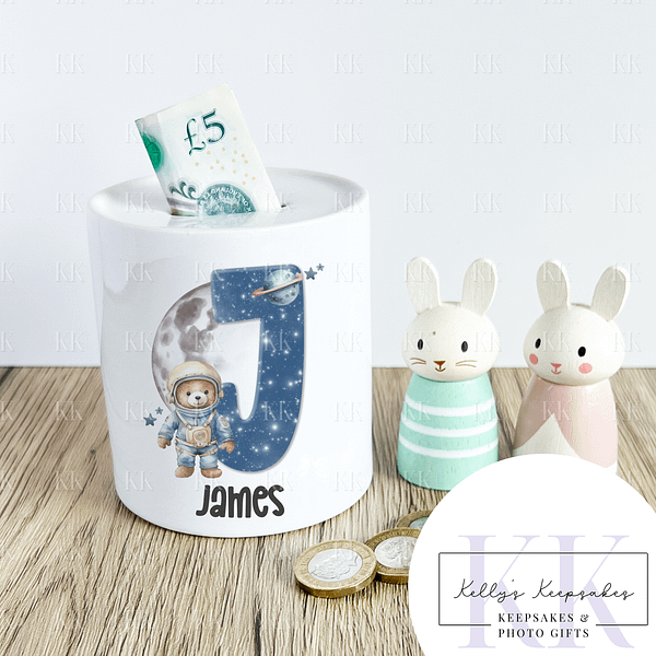 Space Bear Letter Personalised Ceramic Money Box