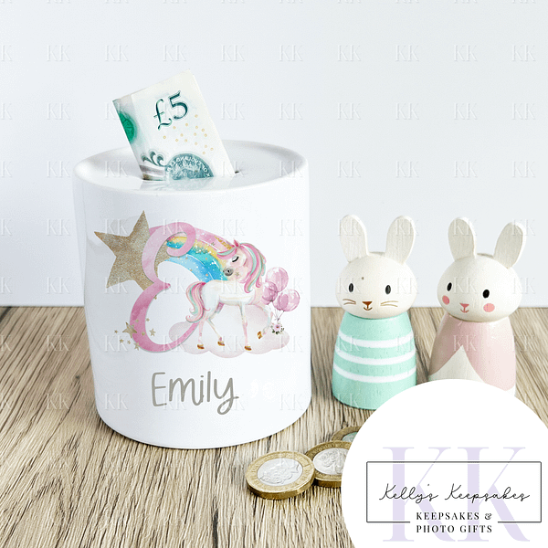 Pink Unicorn Letter Personalised Ceramic Money Box